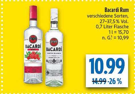 Bacardi Rum verschiedene Sorten, 27–37,5 % Vol. 0,7 Liter Flasche 1 l = 15,70 n. G. = 10,99