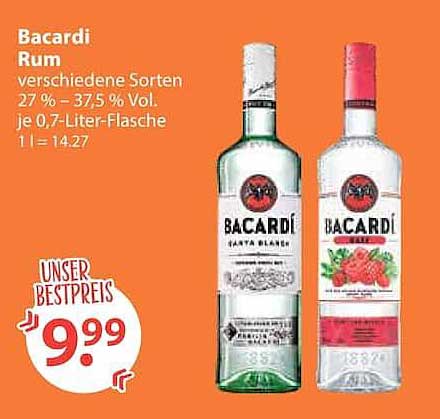 Bacardi Rum verschiedene Sorten 27 % - 37,5 % Vol. je 0,7-Liter-Flasche