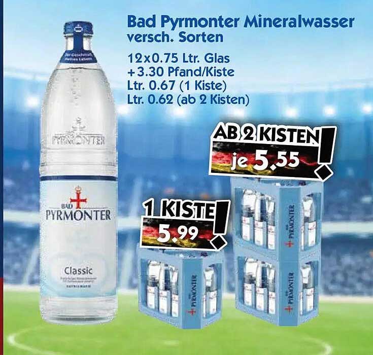 Bad Pyrmonter Mineralwasser versch. Sorten 12x0.75 Ltr. Glas + 3.30 Pfand/Kiste Ltr. 0.67 (1 Kiste) Ltr. 0.62 (ab 2 Kisten)