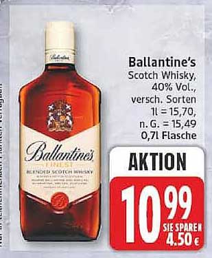 Ballantine's Scotch Whisky, 40% Vol., versh. Sorten 1l = 15,70, n. G. = 15,49, 0,7l Flasche