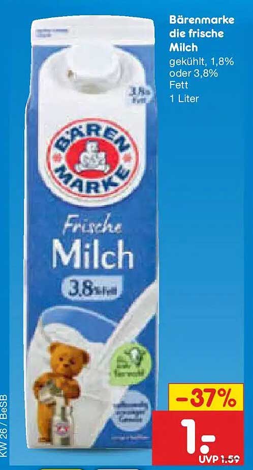 Bärenmarke die frische Milch gekühlt, 1,8% oder 3,8% Fett 1 Liter