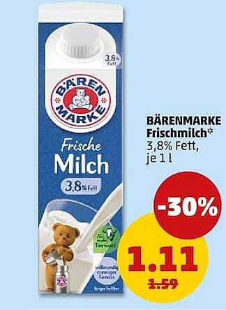BÄRENMARKE Frische Milch* 3,8% Fett, je 1 l