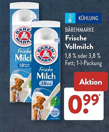 BÄRENMARKE Frische Vollmilch 1,8 % oder 3,8 % Fett, 1 l-Packung