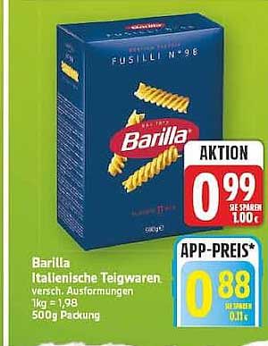 Barilla Italienische Teigwaren versch. Ausformungen 1kg = 1,98 500g Packung
