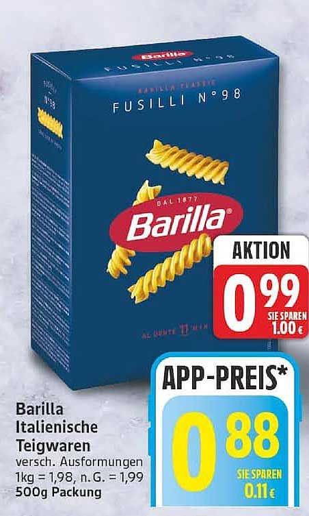 Barilla Italienische Teigwaren versch. Ausformungen 1kg = 1,98, n. G. = 1,99 500g Packung