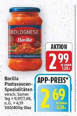 Barilla Pastasaucen-Spezialitäten versch. Sorten 1kg = 9,97/7,48, n.G. = 4,19 300/400g Glas