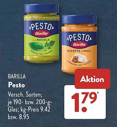 Barilla Pesto Versch. Sorten; je 190- bzw. 200-g-Glas; kg-Preis 9.42 bzw. 8.95
