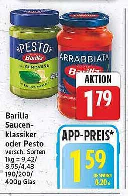 Barilla Saucenklassiker oder Pesto versch. Sorten 1kg 9,42/l 8,95/4,48 190/200/400g Glas