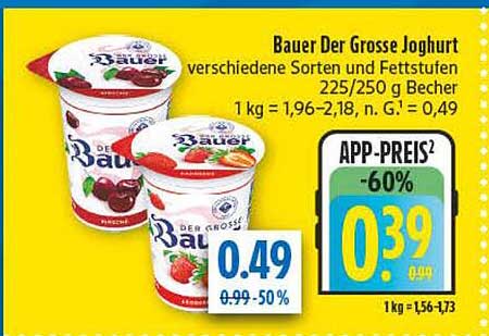 Bauer Der Grosse Joghurt verschiedene Sorten und Fettstufen 225/250 g Becher