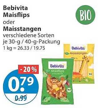 Bebivita Maisflips oder Maisstangen verschiedene Sorten je 30-g / 40-g-Packung 1 kg = 26.33 / 19.75