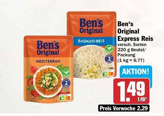 Ben‘s Original Express Reis versch. Sorten 220 g Beutel/Packung (1 kg = 6.77)