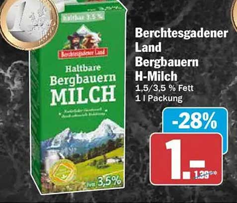 Berchtesgadener Land Bergbauern H-Milch 1,5/3,5 % Fett 1l Packung
