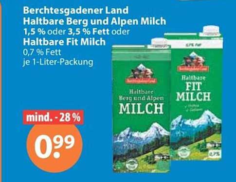 Berchtesgadener Land Haltbare Berg und Alpen Milch 1,5 % oder 3,5 % Fett oder Haltbare Fit Milch 0,7 % Fett je 1-Liter-Packung
