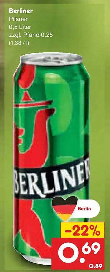 Berliner Pilsner 0,5 Liter zzgl. Pfand 0,25 (1,38/l)