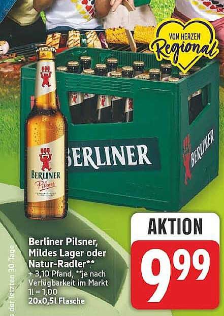 Berliner Pilsner, Mildes Lager oder Natur-Radler** + 3,10 Pfand, **je nach Verfügbarkeit im Markt 1 l = 1,00 20x0,5 l Flasche