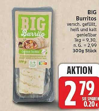 BIG Burritos versch. gefüllt, heiß und kalt genießbar 1kg = 9,30, n. G. = 2,99 300g Stück