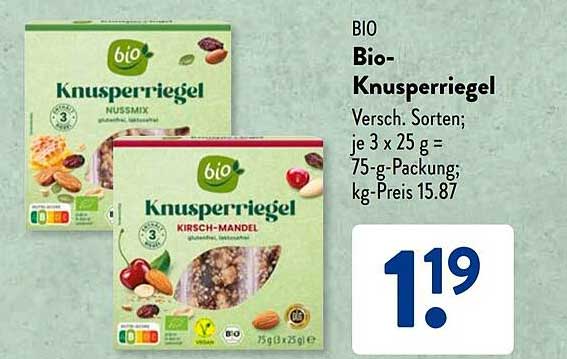 BIO Bio-Knusperriegel Versch. Sorten; je 3 x 25 g = 75-g-Packung; kg-Preis 15.87