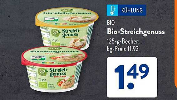 BIO Bio-Streichgenuss 125-g-Becher; kg-Preis 11.92