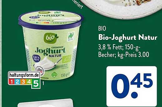 Bio-Joghurt Natur 3,8 % Fett; 150-g-Becher; kg-Preis 3.00