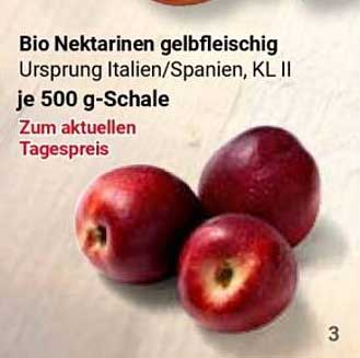 Bio Nektarinen gelbfleischig Ursprung Italien/Spanien, KL II je 500 g-Schale