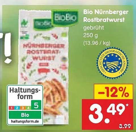 Bio Nürnberger Rostbratwurst gerbrüht 250 g (13.96 / kg)