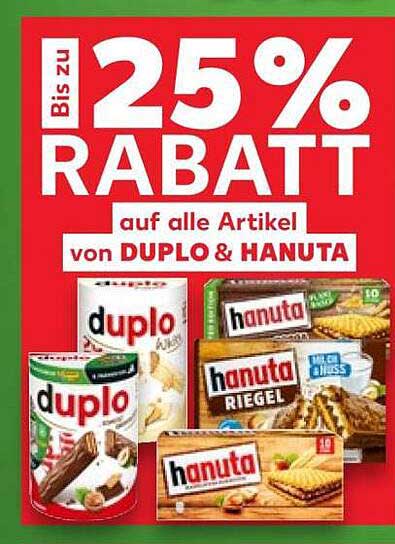 Bis zu 25% RABATT auf alle Artikel von DUPLO & HANUTA