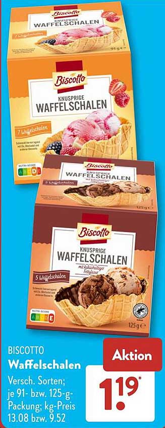 BISCOTTO Waffelschalen Versch. Sorten; je 91- bzw. 125-g-Packung; kg-Preis 13.08 bzw. 9.52