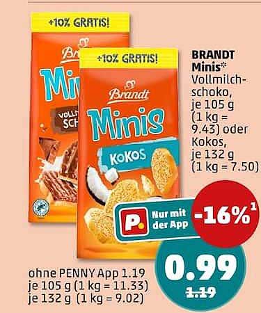 BRANDT Minis Vollmilch-schoko, je 105 g (1 kg = 9.43) oder Kokos, je 132 g (1 kg = 7.50)