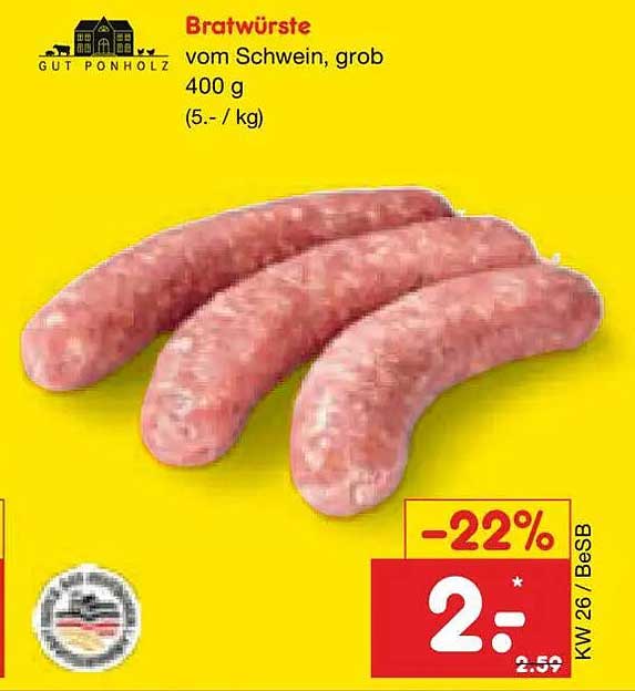 Bratwürste vom Schwein, grob 400 g (5.- / kg)