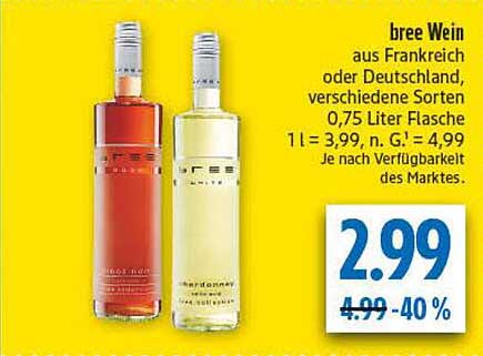bree Wein aus Frankreich oder Deutschland, verschiedene Sorten, 0,75 Liter Flasche