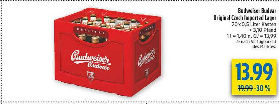 Budweiser Budvar Original Czech Imported Lager 20 x 0,5 Liter Kasten + 3,10 Pfand
