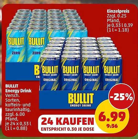 BULLIT Energy Drink Versch. Sorten, koffein- und taurinhaltig, zzgl. 6.00 Pfand, je 24 x 0,33 l (1 l = 0.88)
