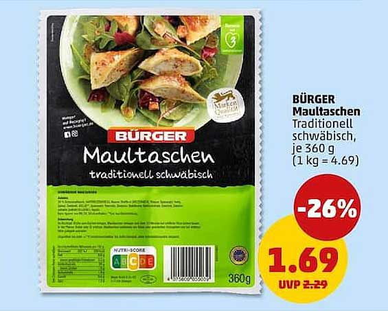 BÜRGER Maultaschen Traditionell schwäbisch, je 360 g (1 kg = 4.69)