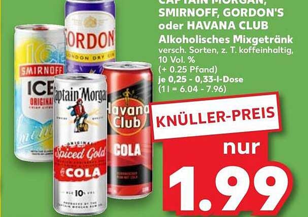 CAPTAIN MORGAN, SMIRNOFF, GORDON'S oder HAVANA CLUB Alkoholisches Mixgetränk versch. Sorten, z. T. koffeinhaltig, 10 Vol. % (+ 0.25 Pfand) je 0,25 - 0,33-L-Dose