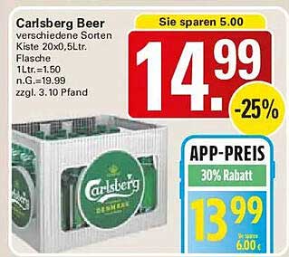 Carlsberg Beer verschiedene Sorten Kiste 20x0,5Ltr. Flasche 1Ltr.=1.50 n.G.=19.99 zzgl. 3.10 Pfand