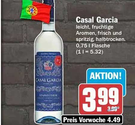 Casal Garcia leicht, fruchtige Aromen, frisch und spritzig, halbtrocken. 0,75 l Flasche (1 l = 5.32)