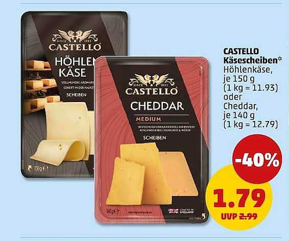 CASTELLO Käsescheiben* Hohenkäse, je 150 g (1 kg = 11.93) oder Cheddar, je 140 g (1 kg = 12.79)