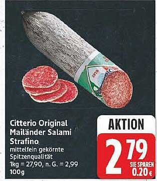 Citterio Original Mailänder Salami Strafino mittelfein gekörnte Spitzenqualität 1kg = 27,90, n. G. = 2,99 100g