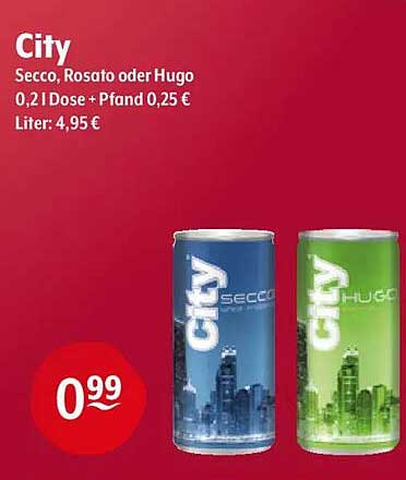 City Secco, Rosato oder Hugo 0,2 l Dose + Pfand 0,25 €