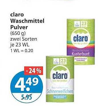 claro Waschmittel Pulver (650 g) zwei Sorten je 23 WL 1 WL = 0.20