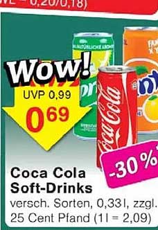 Coca Cola Soft-Drinks versch. Sorten, 0,33l, zzgl. 25 Cent Pfand (1l = 2,09)