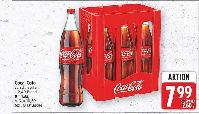 Coca-Cola versch. Sorten, + 2,40 Pfand 1 l = 1,33 n. G. = 10,59 6x1l Glasflasche