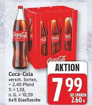 Coca-Cola versch. Sorten, + 2,40 Pfand 1 l = 1,33 n.G. = 10,59 6x1l Glasflasche