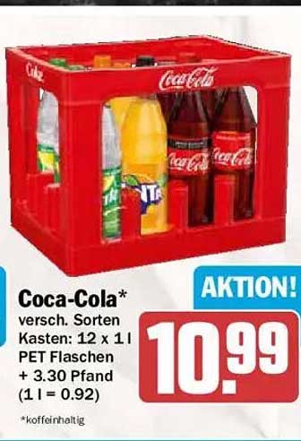Coca-Cola* versch. Sorten Kasten: 12 x 1 l PET Flaschen + 3.30 Pfand (1 l = 0.92)