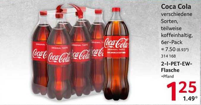 Coca Cola verschiedene Sorten, teilweise koffeinhaltig, 6er-Pack = 7.50 (8.93*) 314 168 2-l-PET-EW-Flasche +Pfand