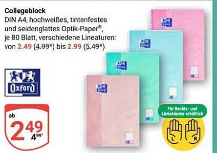 Collegeblock DIN A4, hochweiß, tintenfestes und seidenglattes Optik-Papier, je 80 Blatt, verschiedene Lineaturen