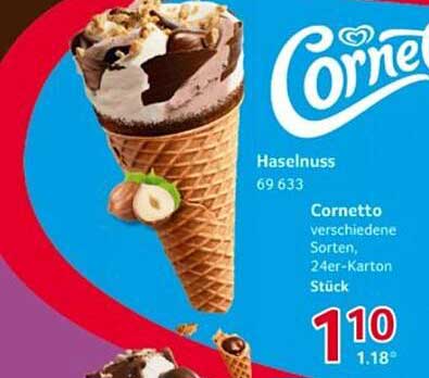 Cornetto Haselnuss 69 633
Cornetto verschiedene Sorten, 24er-Karton Stück
