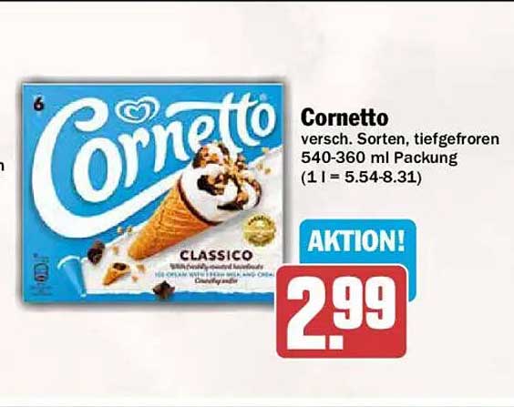 Cornetto versch. Sorten, tiefgefroren 540-360 ml Packung (1 l = 5.54-8.31)