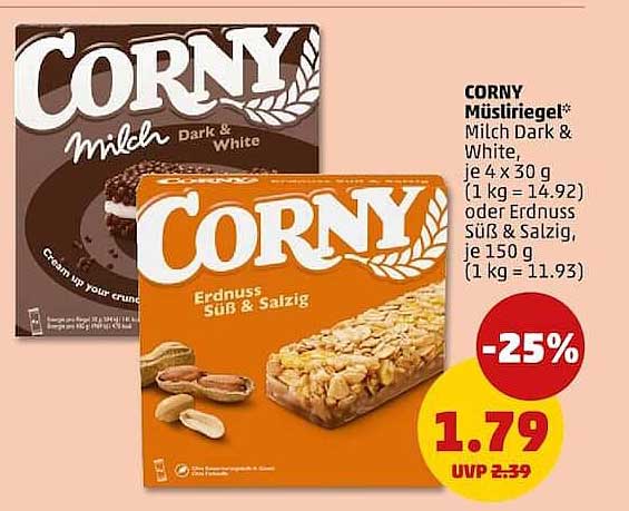 CORNY Müsliriegel* Milch Dark & White, je 4 x 30 g oder Erdnuss Süß & Salzig, je 150 g