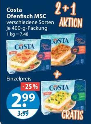 Costa Ofenfisch MSC verschiedene Sorten je 400-g-Packung 1 kg = 7.48 2+1 AKTION